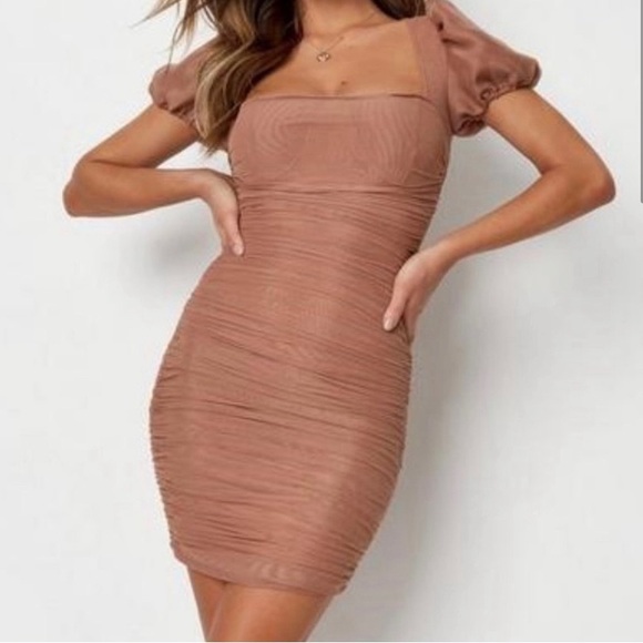 NWT Missguided 10 Pink Neon Mesh Ruched Puff Sleeve Mini Dress Party - Picture 2 of 7